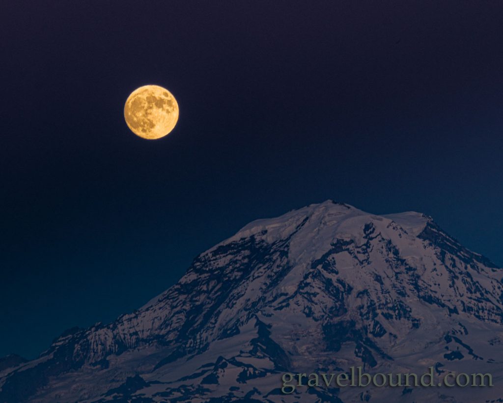 Closeup of Mount Rainier and the Full Moon